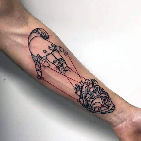 Linework puppet tattoo of a robotic hand controlling an anatomical heart with red strings, symbolizing emotional control through technology or logic.