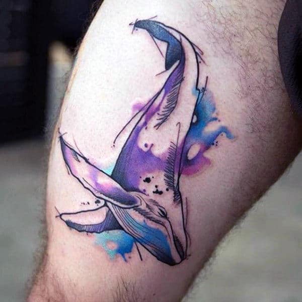 Purple And Bue Ink Watercolor Whale Thigh Tattoos For Guys