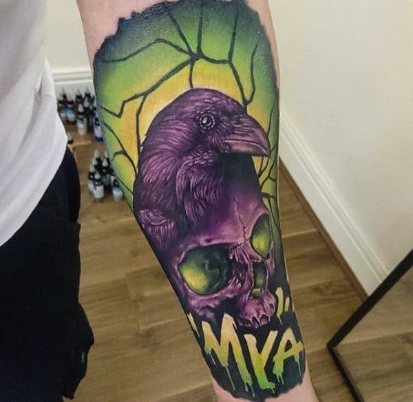 Purple Bird And Skull Artistic Guys Forearm Sleeve Tattoo