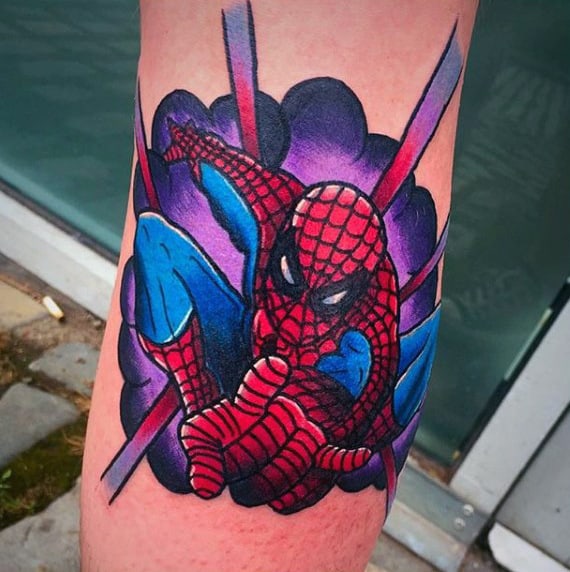 Purple Bright Spiderman Tattoo Male Forearms