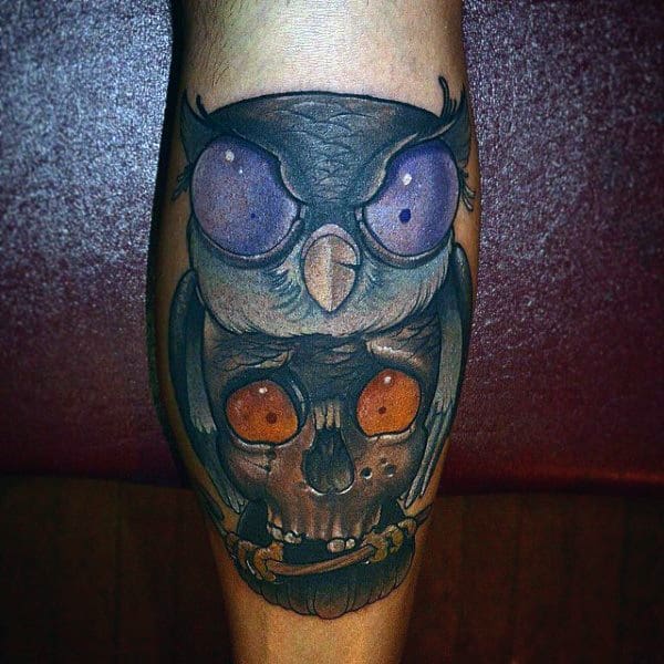 Purple Eyed Owl Skull New School Tattoo Male Legs