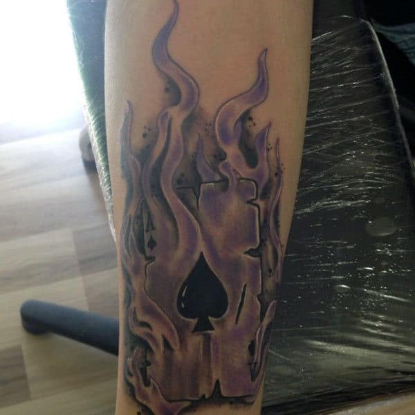 Purple Flames On Ace Of Cards Tattoo Mens Forearms