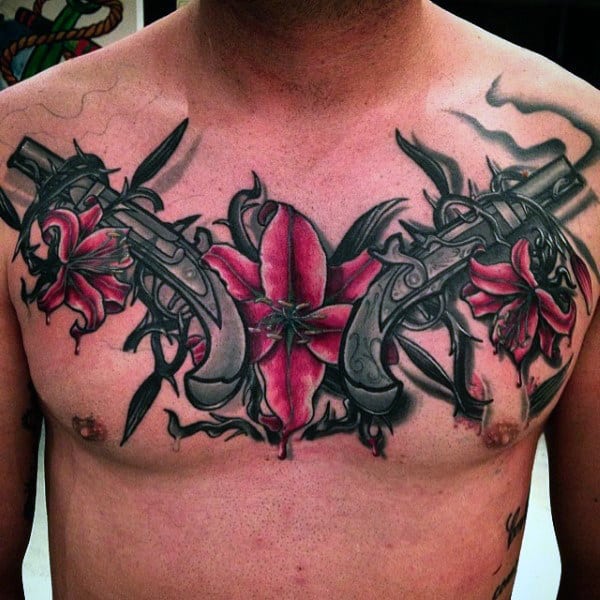 Purple Flower With Pistols Tattoo On Chest For Guys