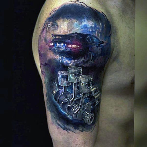 Purple Shaded Car Engine Tattoo Male Arms