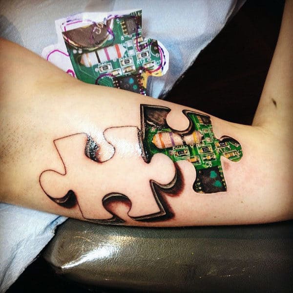 Puzzle Piece Circuit Board Mens 3d Arm Tattoo
