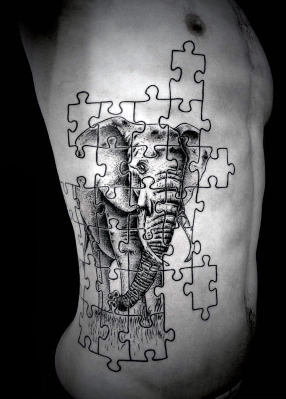 Puzzle Piece Elephant Creative Mens Ribs Tattoo