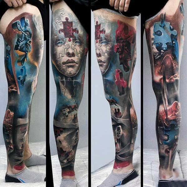 Puzzle Piece Male Tattoo Sleeve On Legs