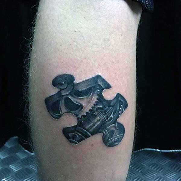 Puzzle Piece With Gears Inside 3d Style Tattoo For Men
