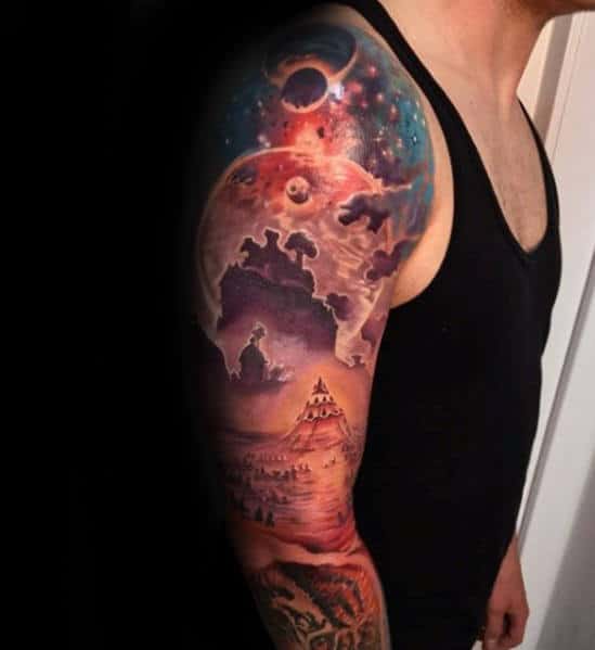 Pyramid With Colorful Outer Space Sky Guys 3d Sleeve Tattoo