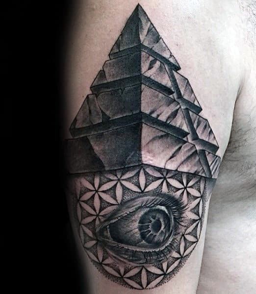 Pyramid With Flower Of Life And Eye Mens Upper Arm Tattoo