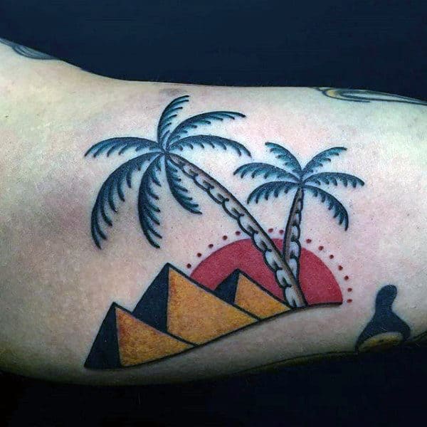 Pyramids With Palm Trees Mens Bicep Traditional Tattoo