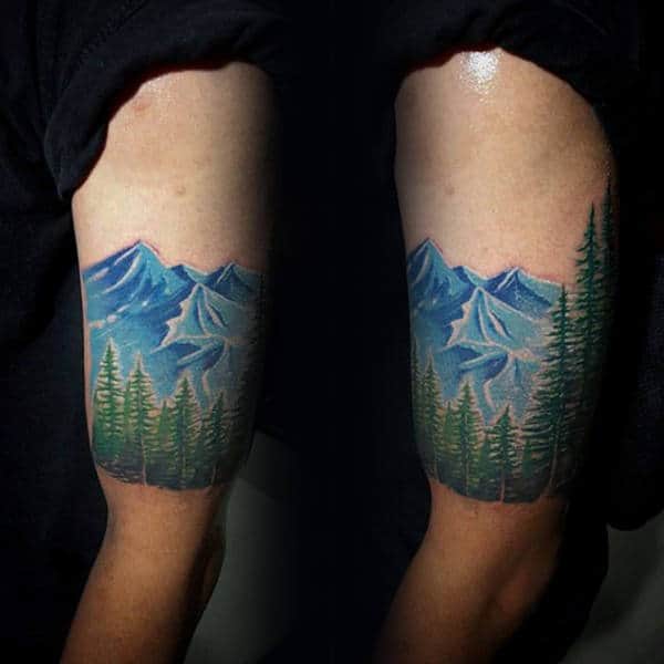 Quarter Green Pine Tree Sleeve With Blue Ink Mountains For Men
