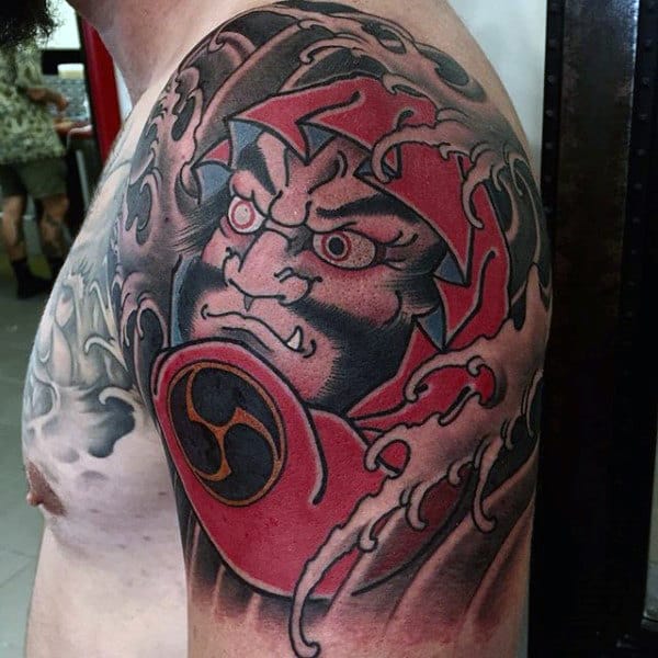 Quarter Sleeve And Chest Daruma Doll Tattoo On Gentleman
