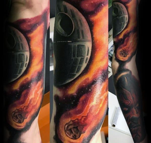 Dynamic tattoo featuring the Death Star surrounded by fiery comets, creating a vivid cosmic scene