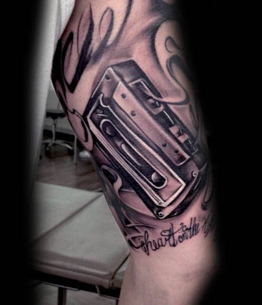 Quarter Sleeve Cassette Tape Mens Shaded Black And Grey Tattoo