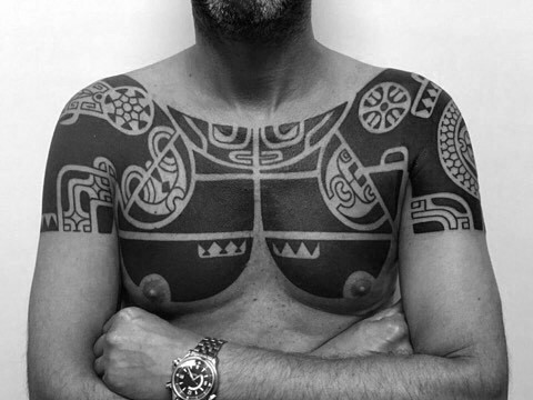 Quarter Sleeve Chest And Shoulder Mens Tribal Tattoos