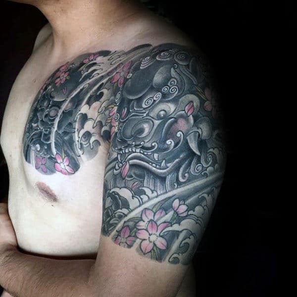 Quarter Sleeve Guys Foo Dog Japanese Tattoo Designs