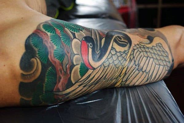 Quarter Sleeve Guys Japanese Crane Tattoo