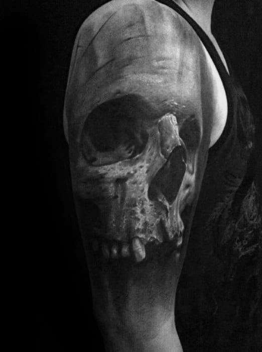 Quarter Sleeve Guys Realistic Skull Heavily Shaded Tattoos