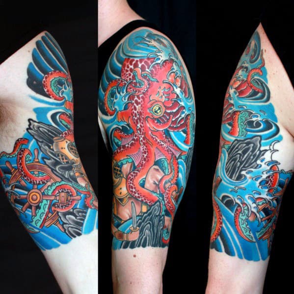 Quarter Sleeve Japanese Octopus Mens Tattoos