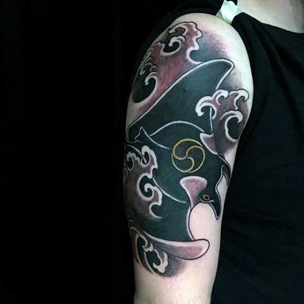 Quarter Sleeve Japanese Waves Manta Ray Male Tattoo Ideas