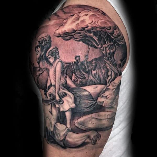 Quarter Sleeve Male David And Goliath Tattoo Ideas