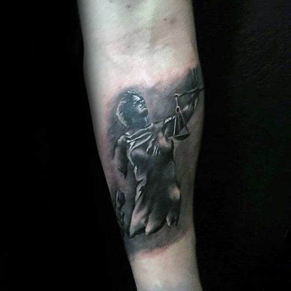 Quarter Sleeve Mens Inner Forearm Lady Justice Shaded Tattoos
