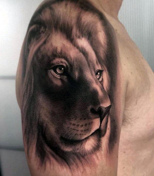 Quarter Sleeve Realistic Lion Tattoo For Guys