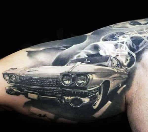 Quarter Sleeve Smoking Cadillac Car Mens Realistic 3d Tattoo