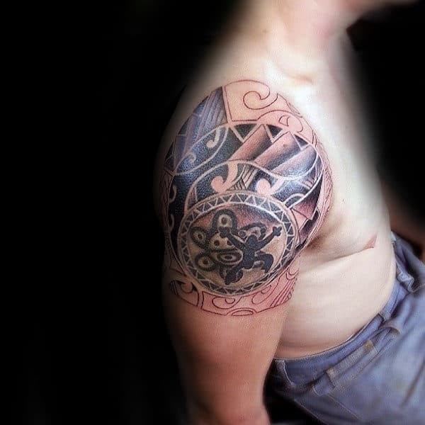 Quarter Sleeve Taino Coqui Frog With Sun Tattoo On Guy