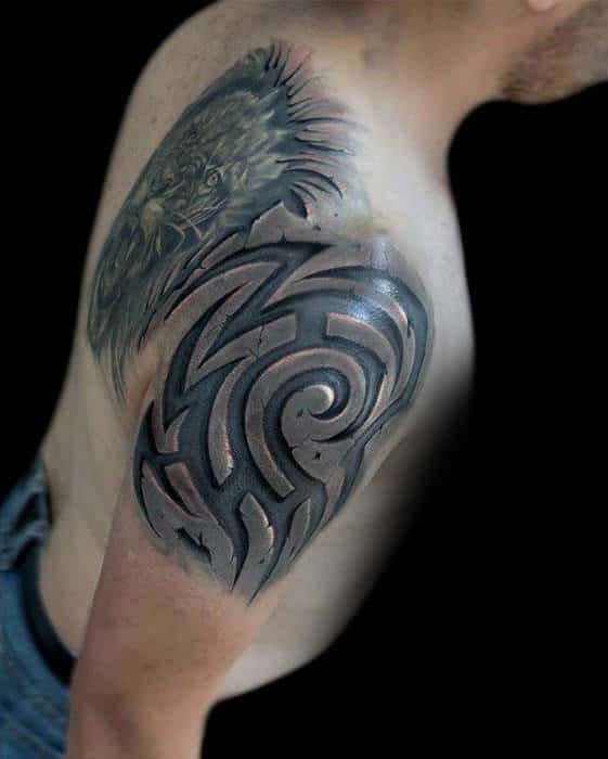 Quarter Sleeve Tribal 3d Tattoo Ideas For Guys