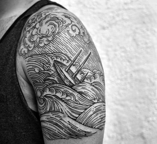 Quarter Sleeve Woodcut Detailed Sinking Ship Mens Tattoo Ideas