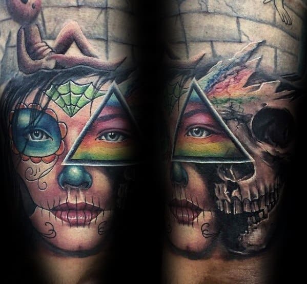 Quater Sleeve Arm Dark Side Of The Moon Skull Day Of The Dead Arm Guys Tattoo Ideas
