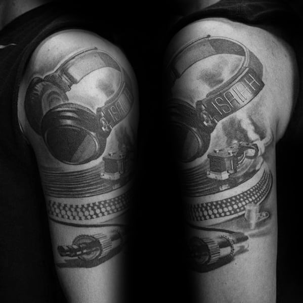 Quater Sleeve Headphones Tattoo Design On Man