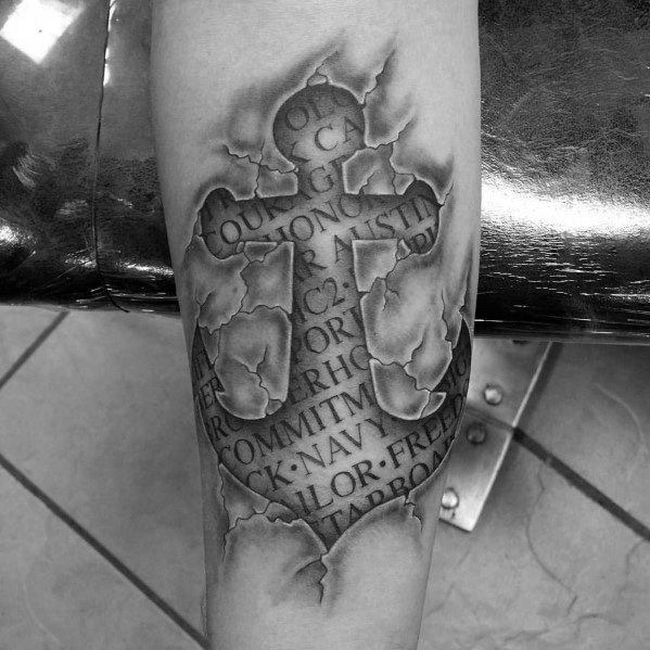 Realistic tattoo of a cross and anchor with torn skin effect on a forearm