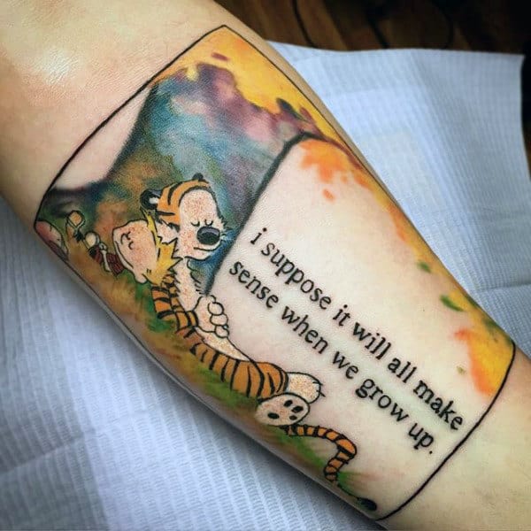 Quote From Calvin And Hobbes Mens Forearm Tattoo Inspiration