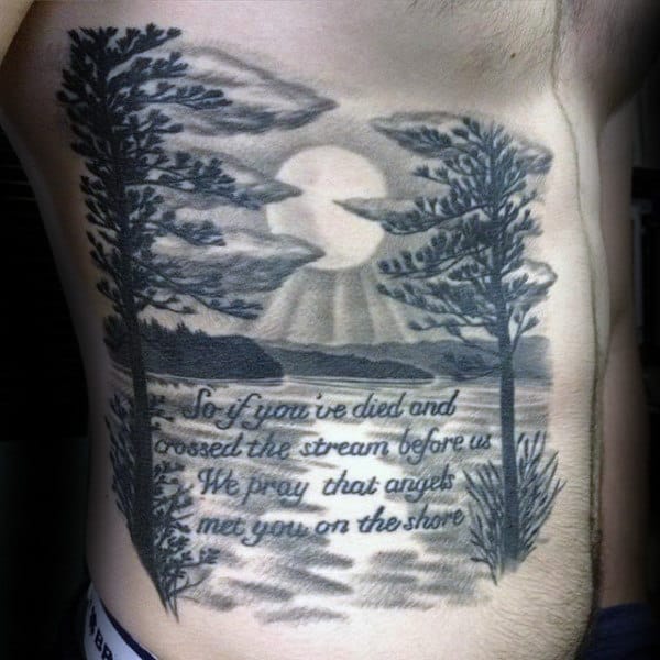 Quote Landscape Sunset Male Rib Cage Side Tattoo