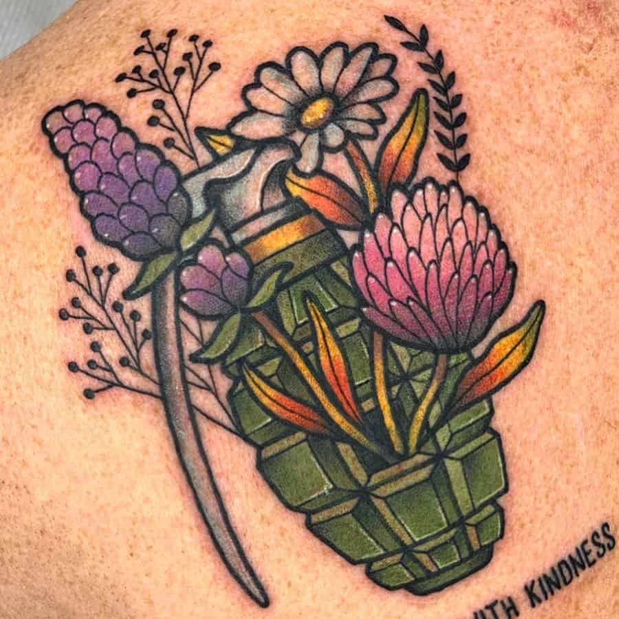 Color tattoo flowers grenade quote script daisy