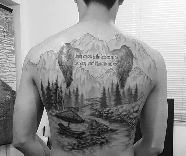 Quote With Angel Wings Mens Landscape Back Tattoo