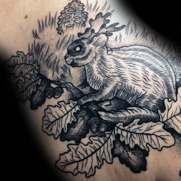 Rabbit With Acorns And Leaves Mens Dotwork Tattoos