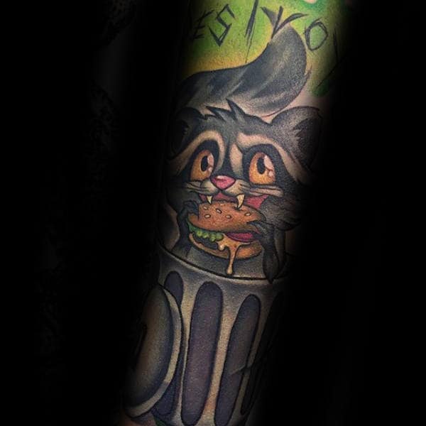 Raccoon In Trash Can Eating Cheeseburger Mens Forearm Sleeve Tattoo