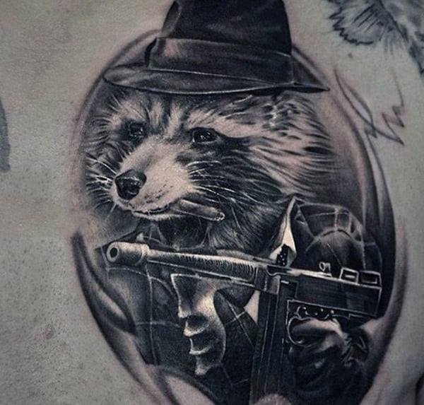 Raccoon Mobster Mens Chest Tattoo Ideas
