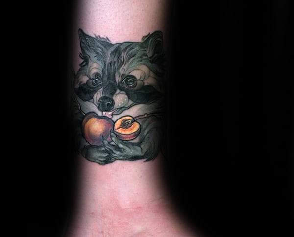 Raccoon With Food Mens Lower Leg Tattoos Neo Traditonal Design