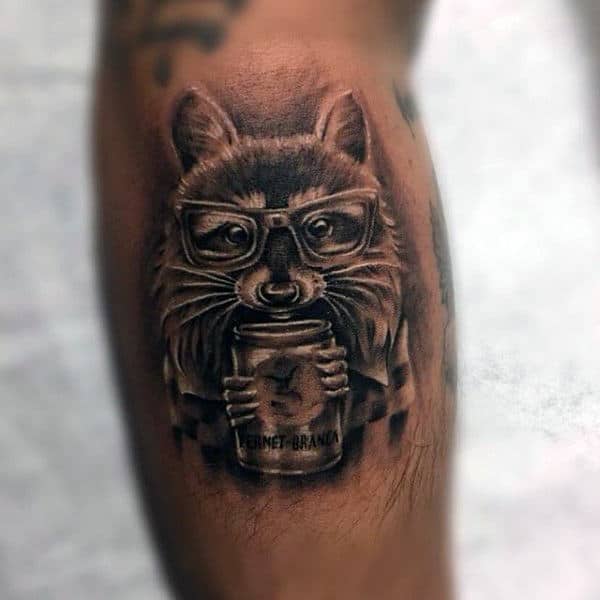 Raccoon With Glasses Holding Can Mens Leg Calf Tattoo