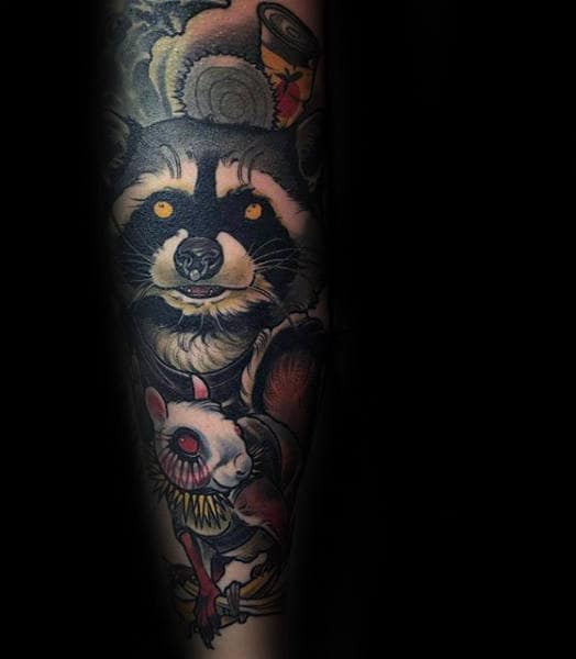 Raccoon With Mouse Mens Amazing Sleeve Tattoos