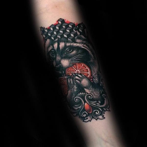 Raccoon With Orange Mens Ornate Forearm Tattoo