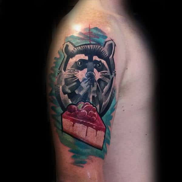 Raccoon With Slice Of Pie Mens Watercolor Arm Tattoo