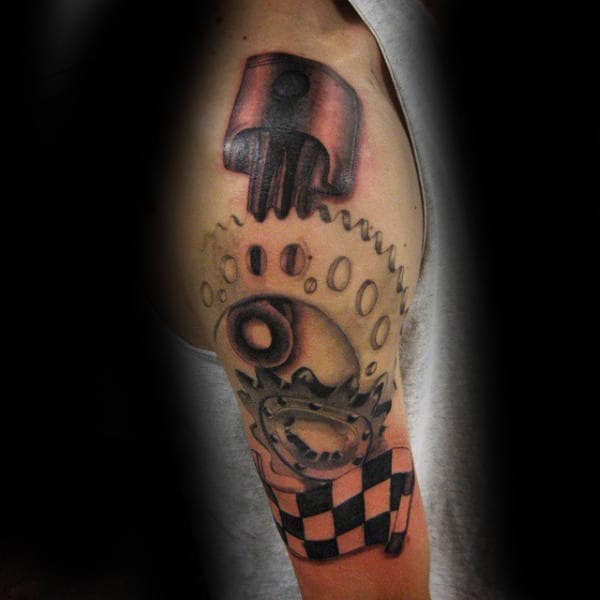 Racing Flag Gear With Piston Motocross Mens Arm Tattoo