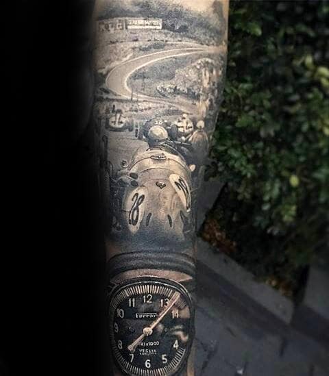 Racing Themed Guys Hyper Realistic Forearm Sleeve Tattoo