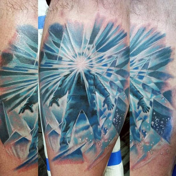 Radiant Blue And White Ink Mens Explorer Tattoo On Leg Calf